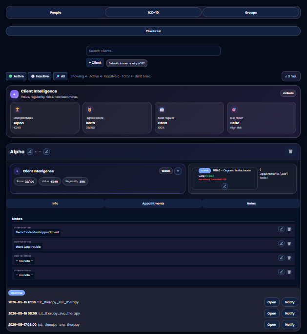 PDiary client intelligence profile with appointments, notes and upcoming sessions