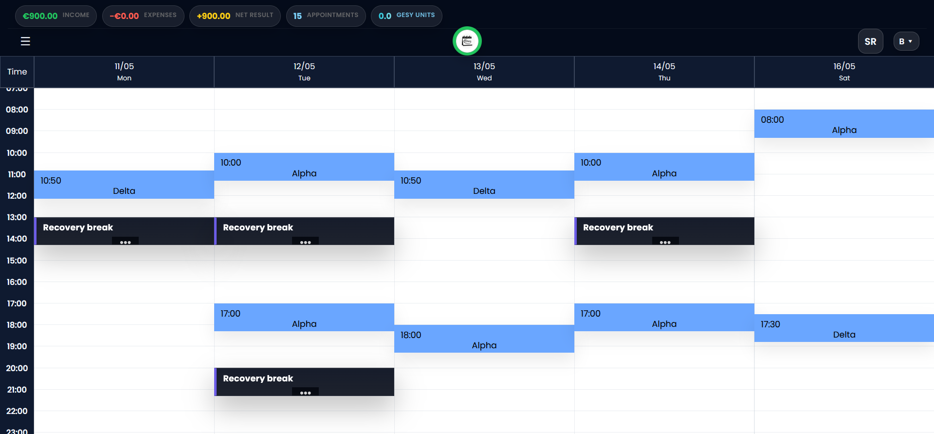 PDiary weekly calendar with appointments, income metrics and recovery breaks