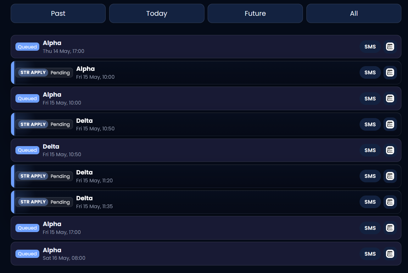 PDiary reminders and message queue with SMS and STR apply pending messages