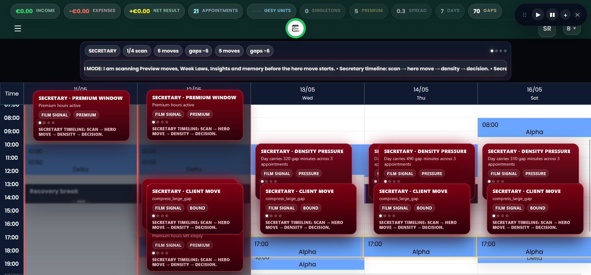 PDiary Strategy drawer with Secretary Decision, Preview Plan, After Laws and Week Setup